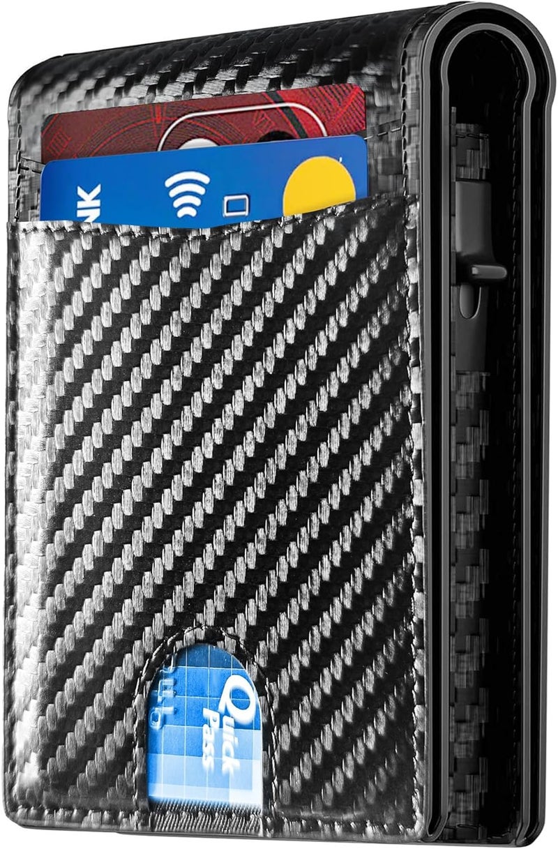 QLD 2026 Wallet for Men - RFID Blocking [Functional & Practical] Bifold Slim Minimalist Credit Card Holder Pop Up Wallet Metal Case with Cash Slot, Front Pocket with ID Window, Gift Boxed (Carbon Fiber) - Image 1